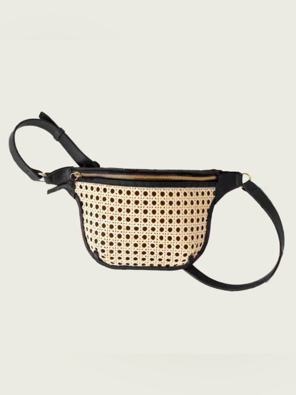 WP Standard Black Leather & Rattan Cane Woven Sling Bag Fanny Pack Crossbody